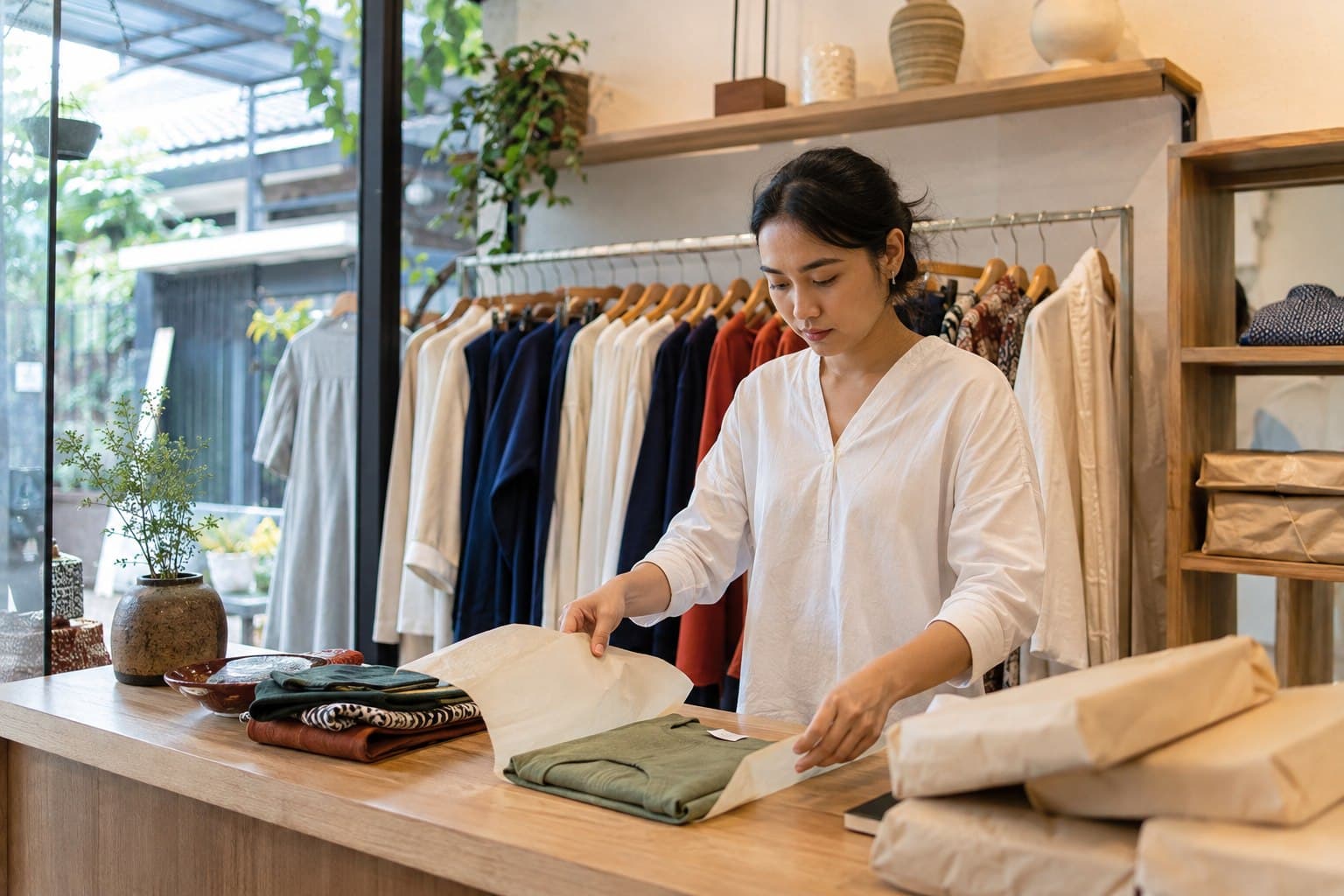 Ilustrasi AI pemilik butik modern menyiapkan pesanan pakaian